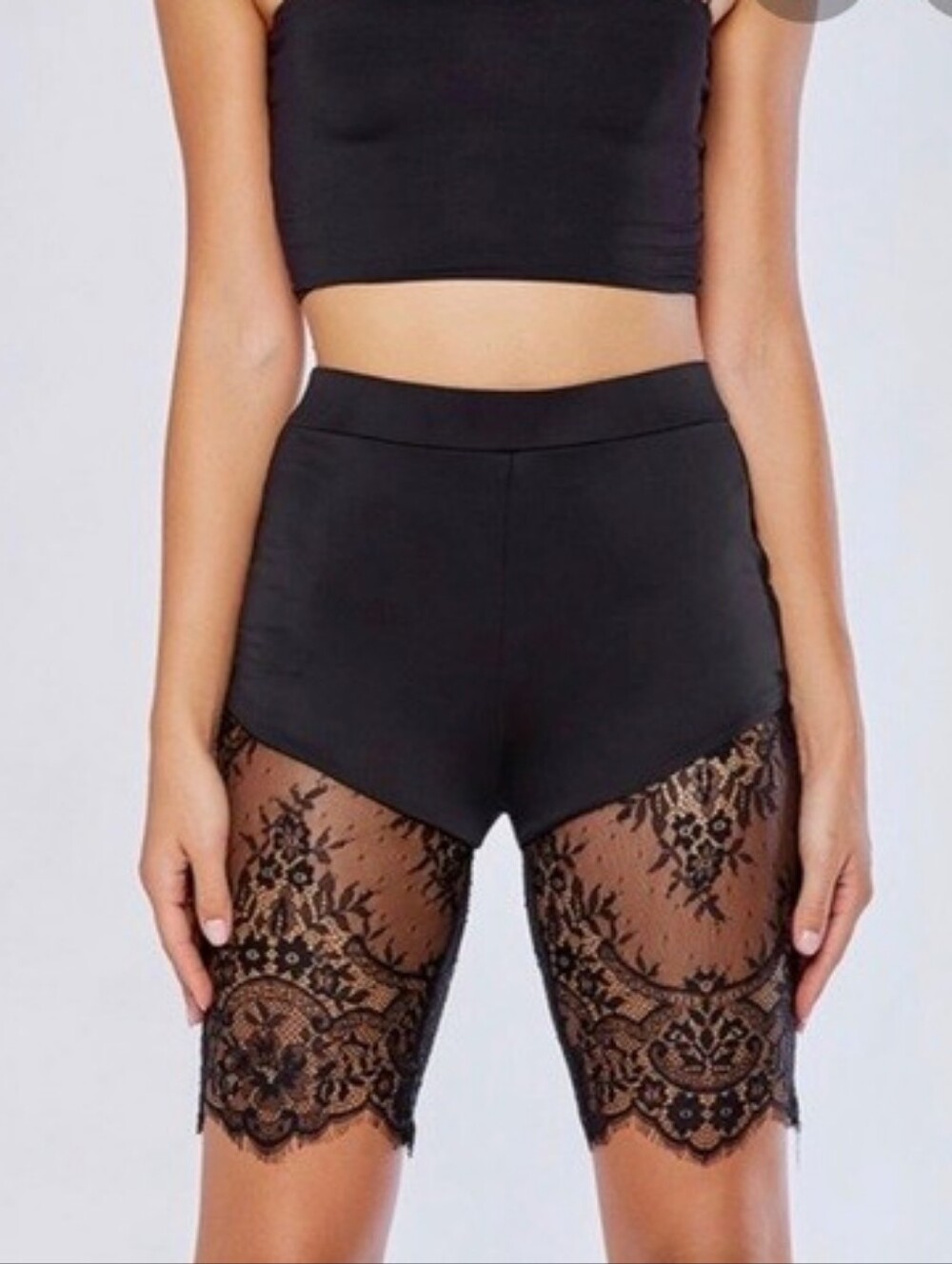 NWT MESHKI Stacie Lace Panel Bike Shorts Black High Waisted Rare Size L